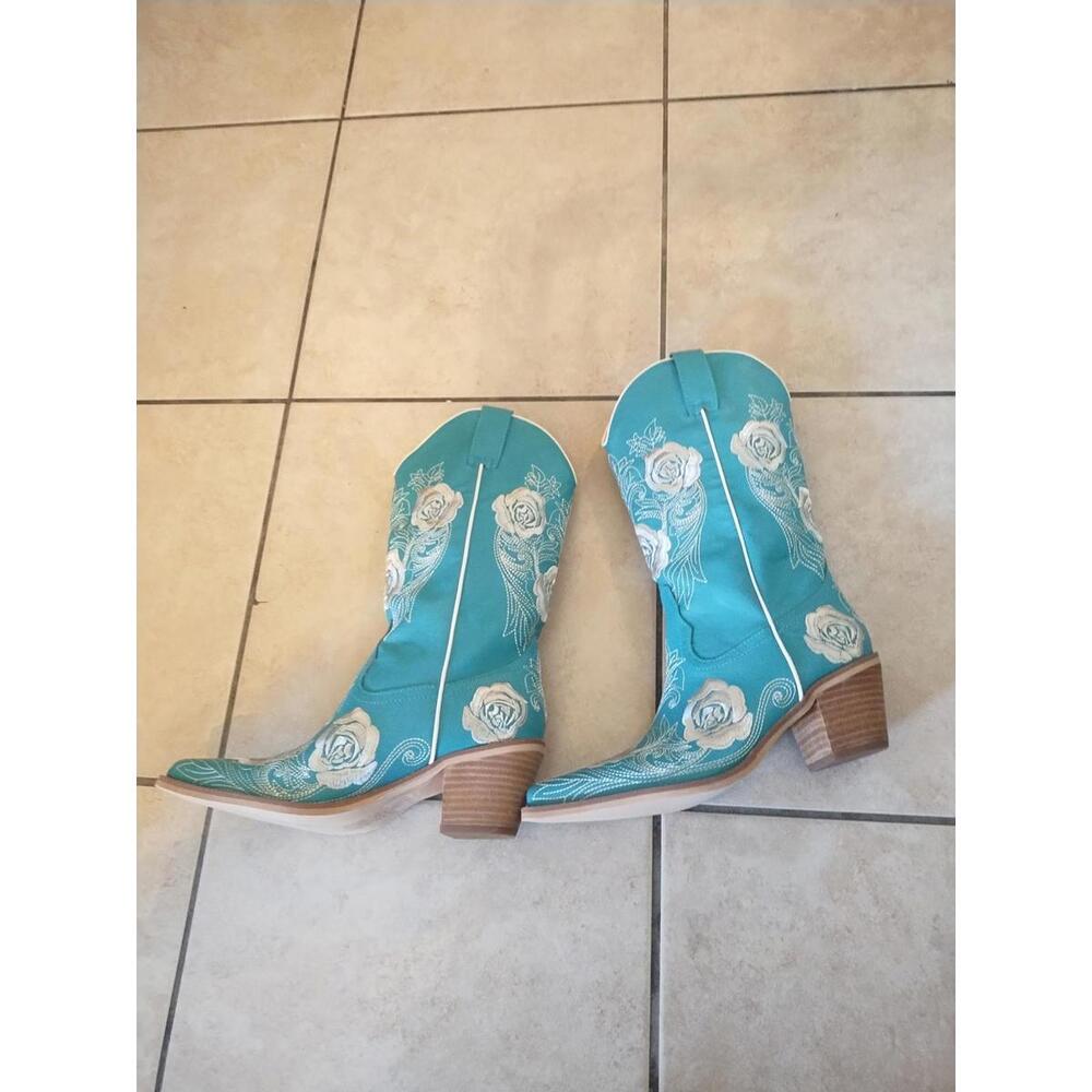 Turquoise SnipToe Wide Mid Calf Cowgirl Boots Western Boots With Rose Embroidery - Picture 2 of 4